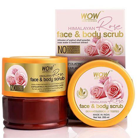 wow skin science himalayan rose face & body scrub - with rose water & beetroot extract - no parabens, sulphates, silicones & synthetic color - 200ml