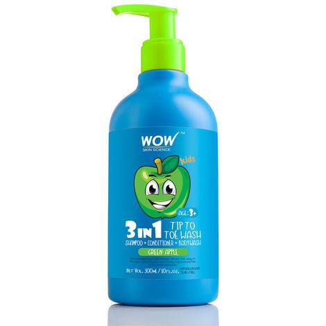 wow skin science kids 3 in 1 tip to toe wash (shampoo + conditioner + bodywash) - green apple (300 ml)