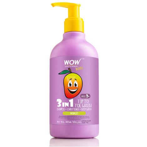 wow skin science kids 3 in 1 tip to toe wash (shampoo + conditioner + bodywash) - mango (300 ml)