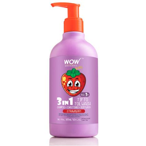 wow skin science kids 3 in 1 tip to toe wash (shampoo + conditioner + bodywash) - strawberry (300 ml)