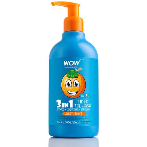 wow skin science kids 3 in 1 tip to toe wash (shampoo + conditioner + bodywash) - sweet orange (300 ml)