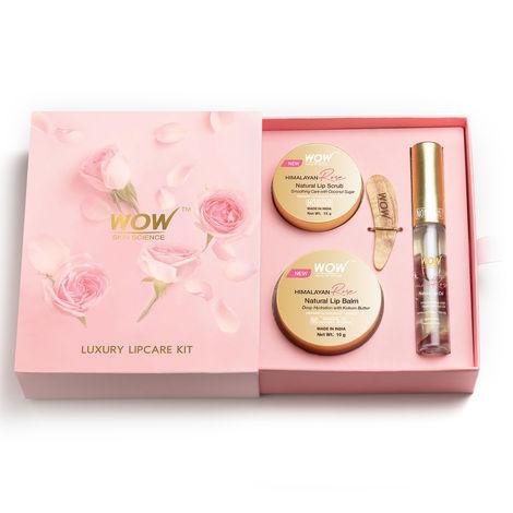 wow skin science luxury lip care kit for dry, rough, chapped lips with goodness of 100% natural himalayan pure rose oil - lip smoothing and softening nourishment