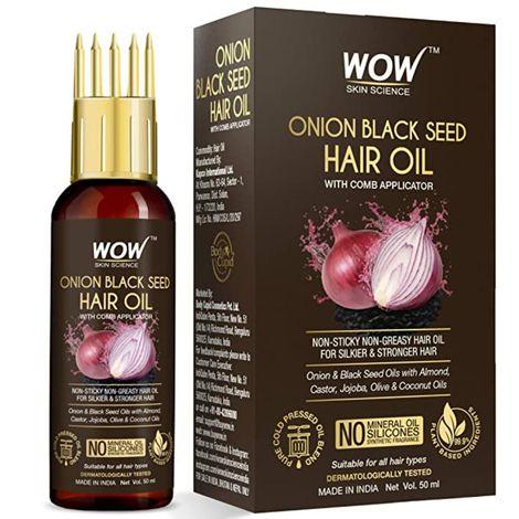 wow skin science onion black seed hair oil with comb applicator controls hair fall no mineral oil silicones cooking oil synthetic fragrance, brown, 50 millilitre