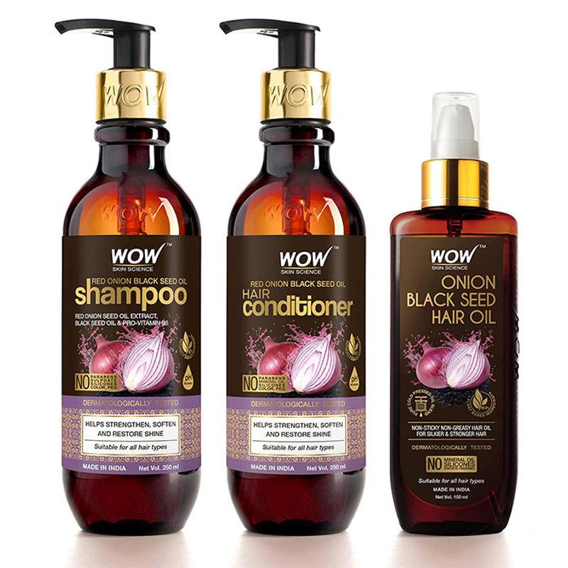 wow skin science onion black seed oil hair care kit (shampoo + hair conditioner + hair oil)