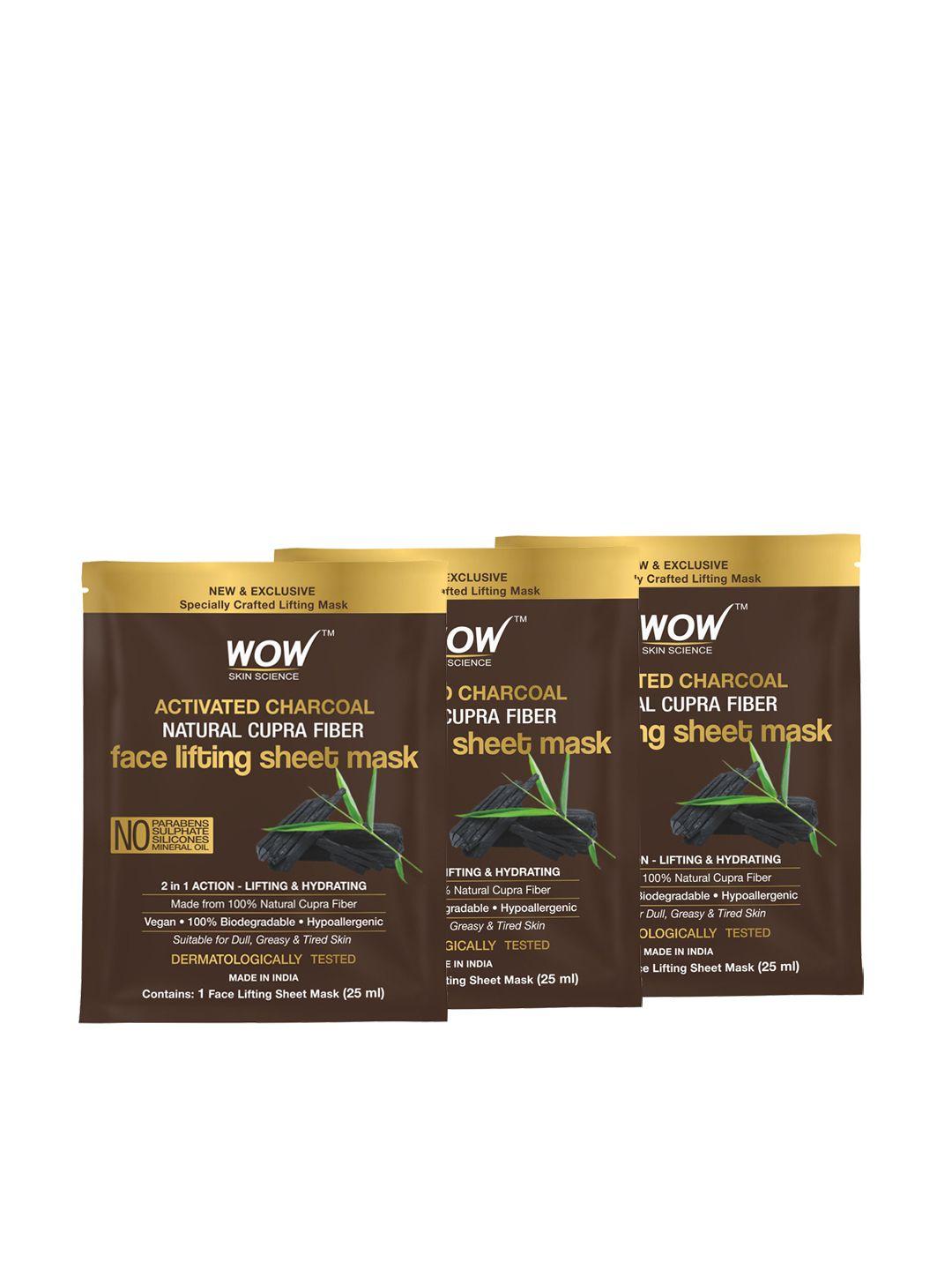 wow skin science set of 3 activated charcoal natural cupra fiber sheet mask-25ml each