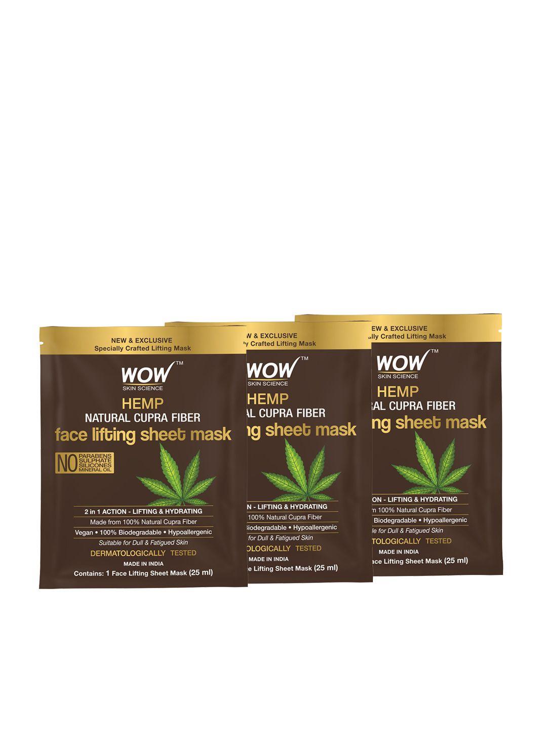 wow skin science set of 3 hemp natural cupra fiber face lifting sheet mask - 25 ml each