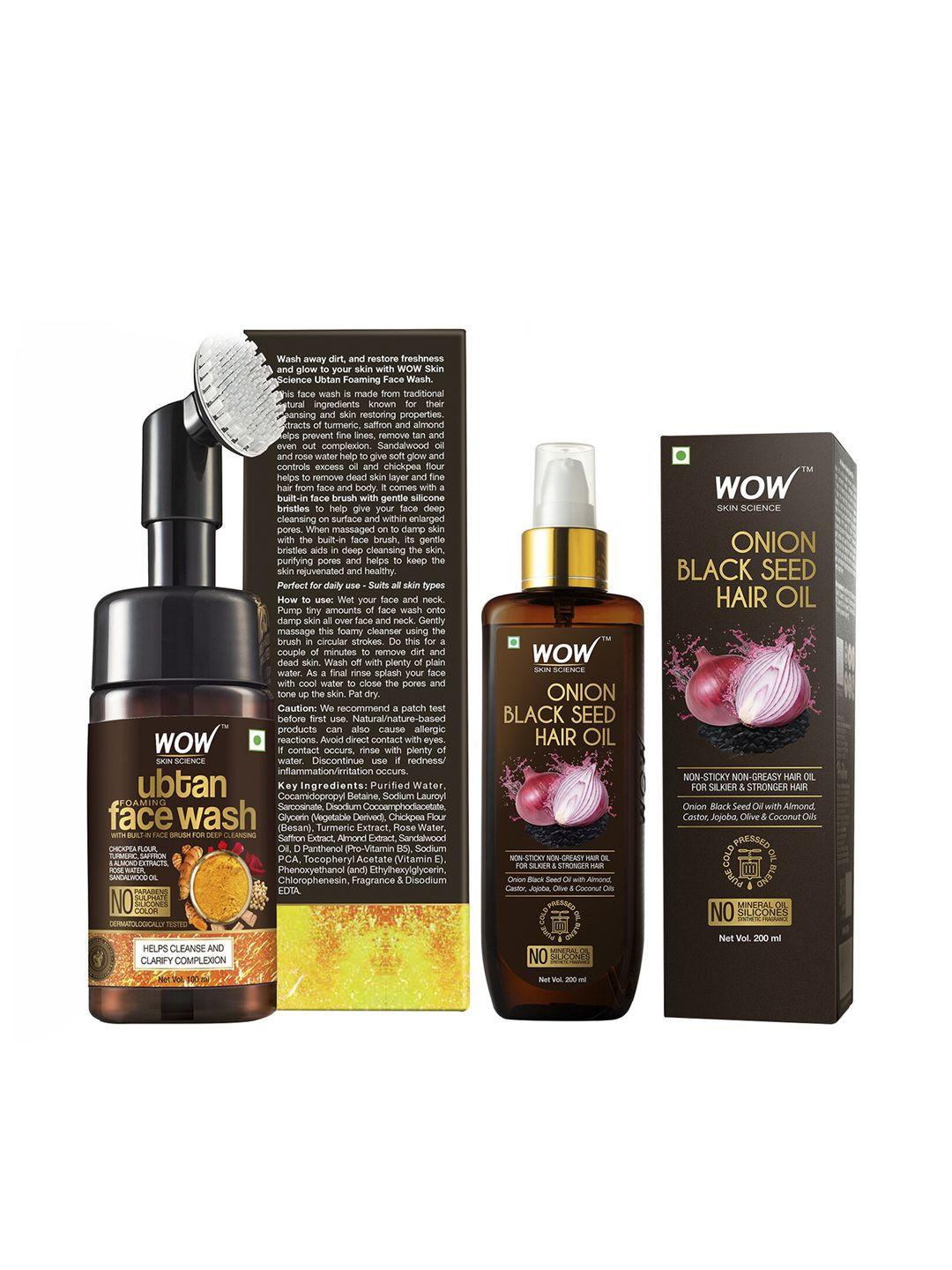 wow skin science set of onion black seed hair oil & ubtan foaming face wash