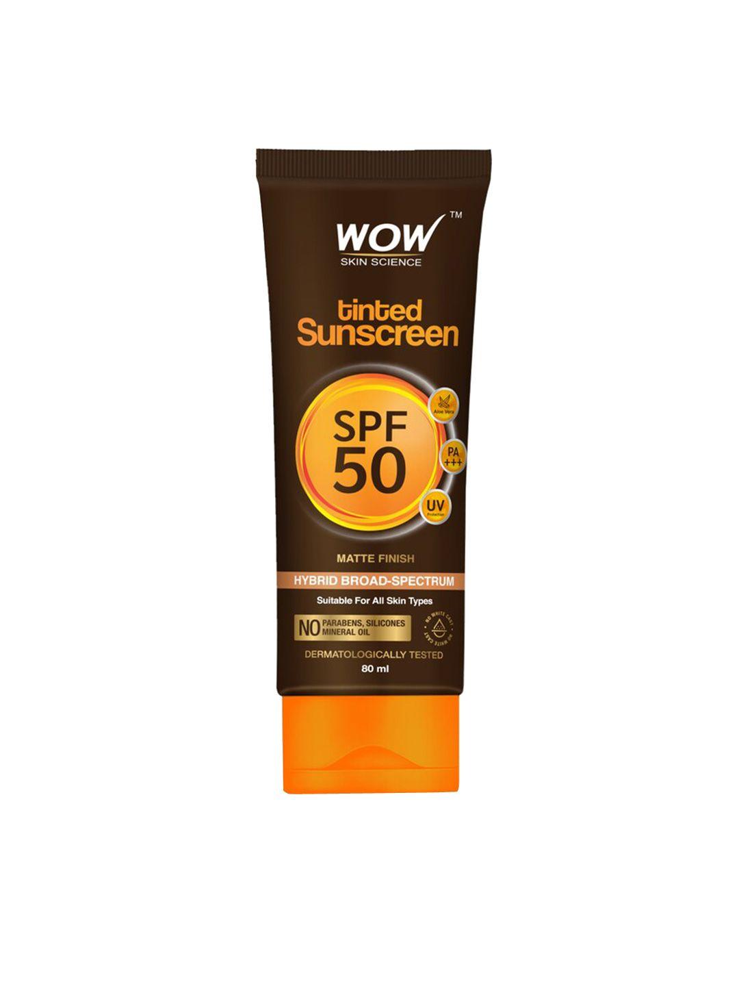 wow skin science spf50 pa+++ with hyaluronic acid & aloevera extract tinted sunscreen-80ml