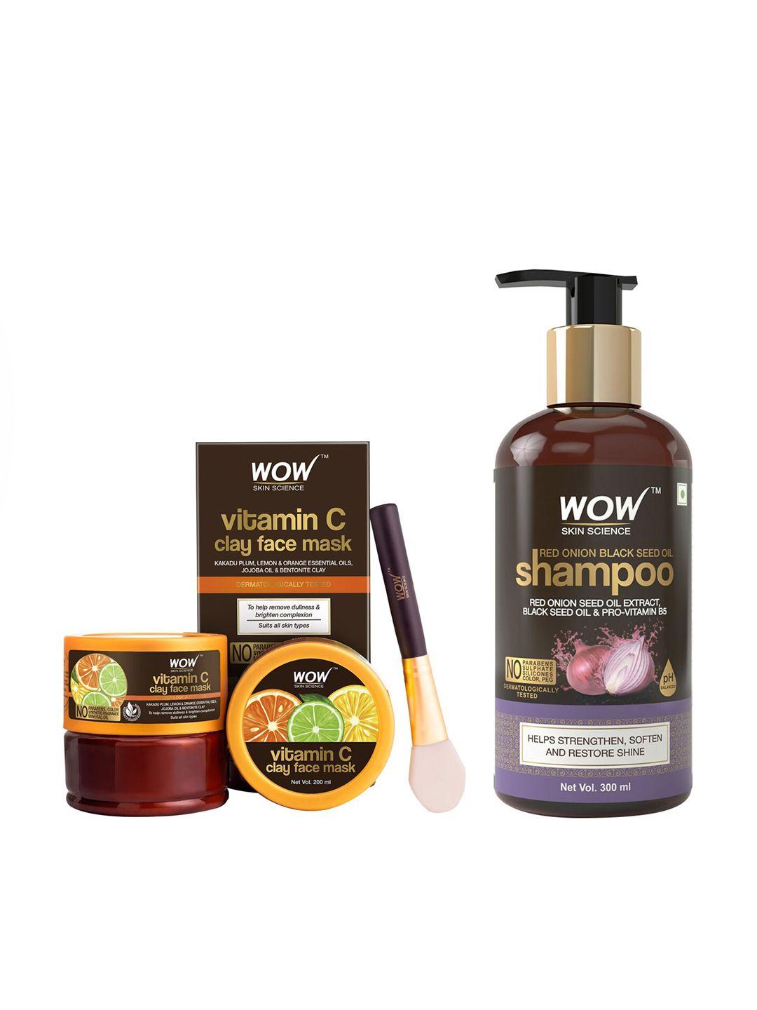 wow skin science unisex set of glow clay mask & onion black seed oil shampoo - 500 ml