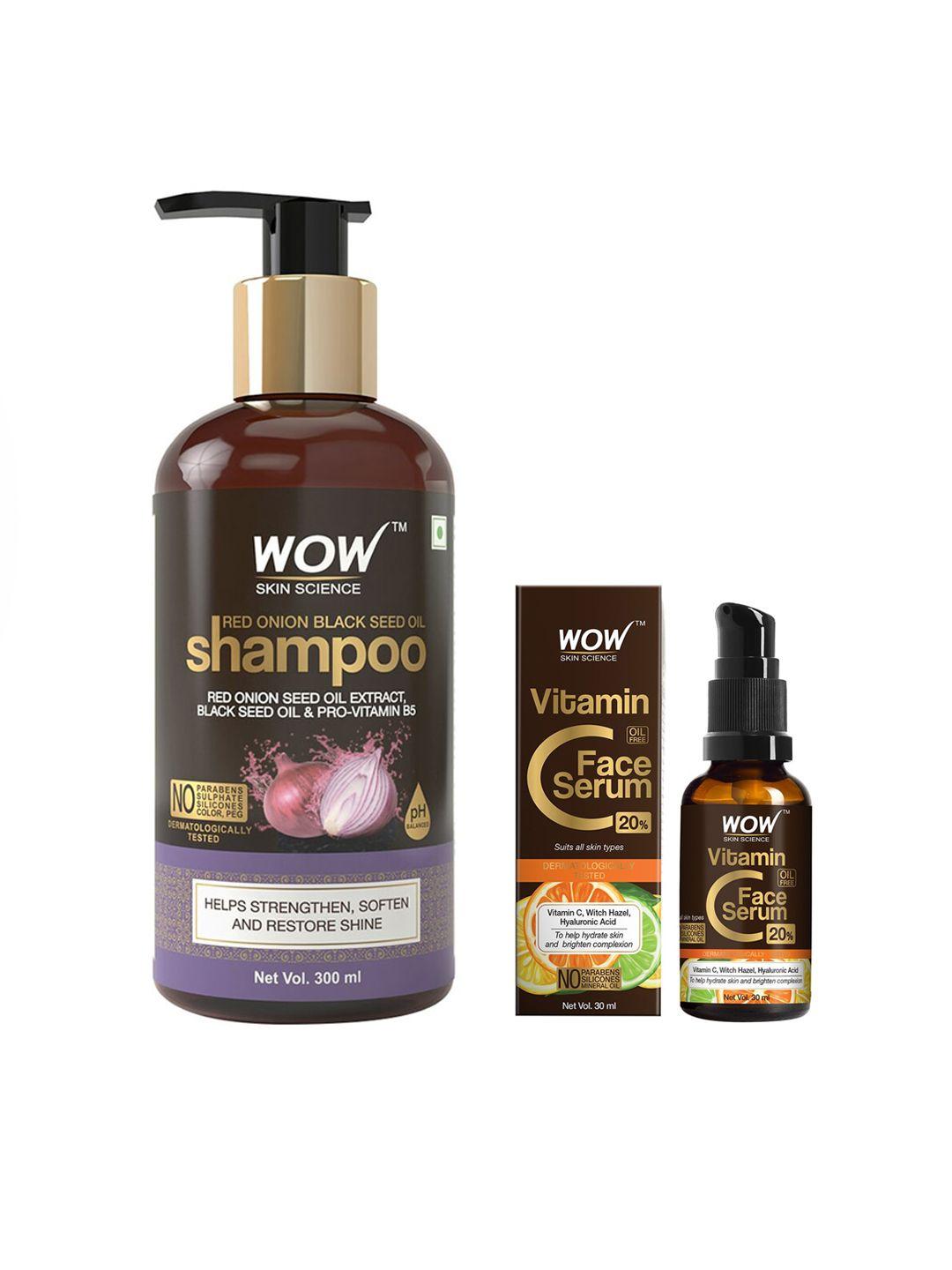 wow skin science unisex set of vitamin c face serum & onion & black seed shampoo -330 ml