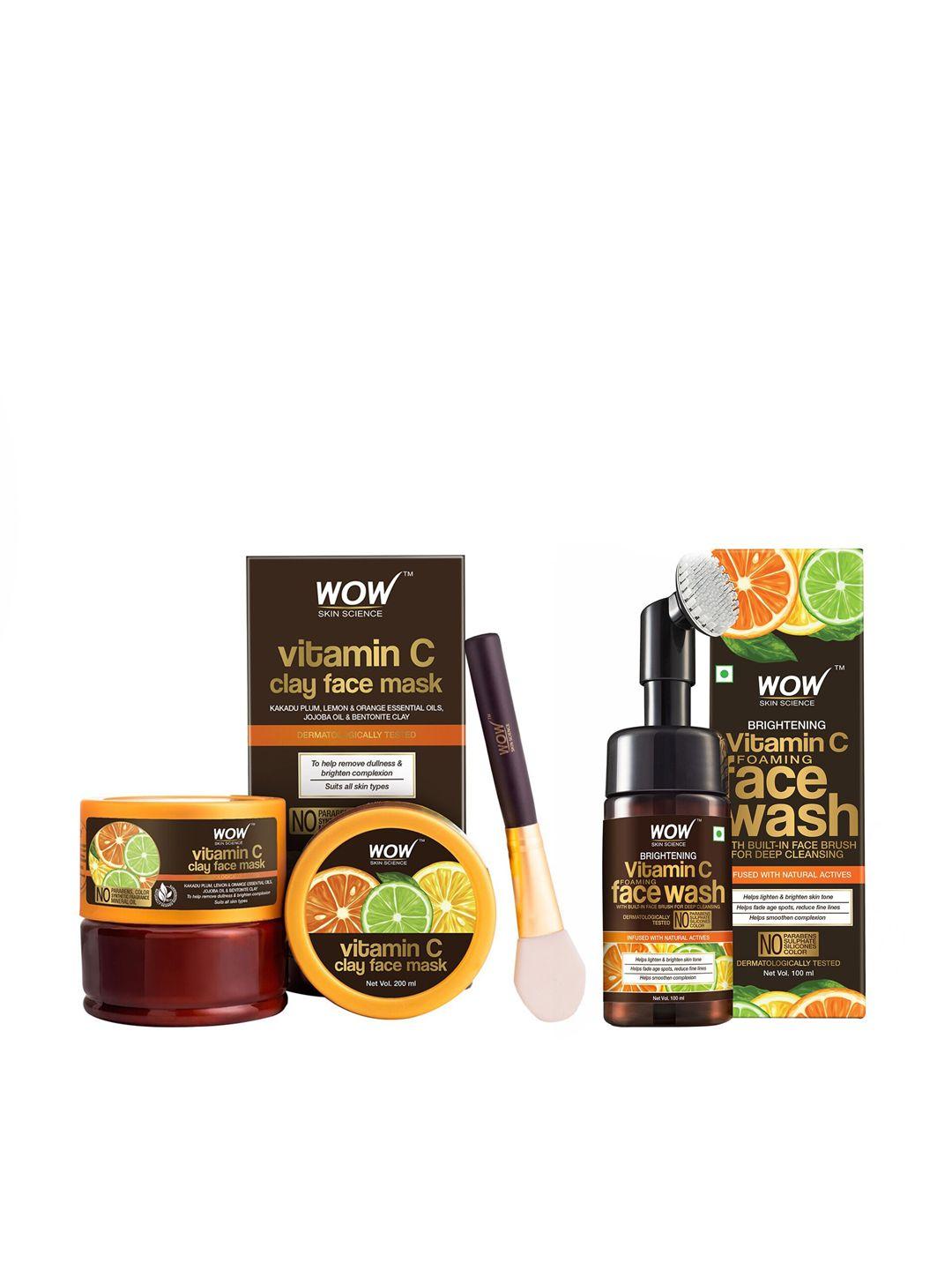 wow skin science unisex set of vitamin c face wash & clay mask - 300 ml