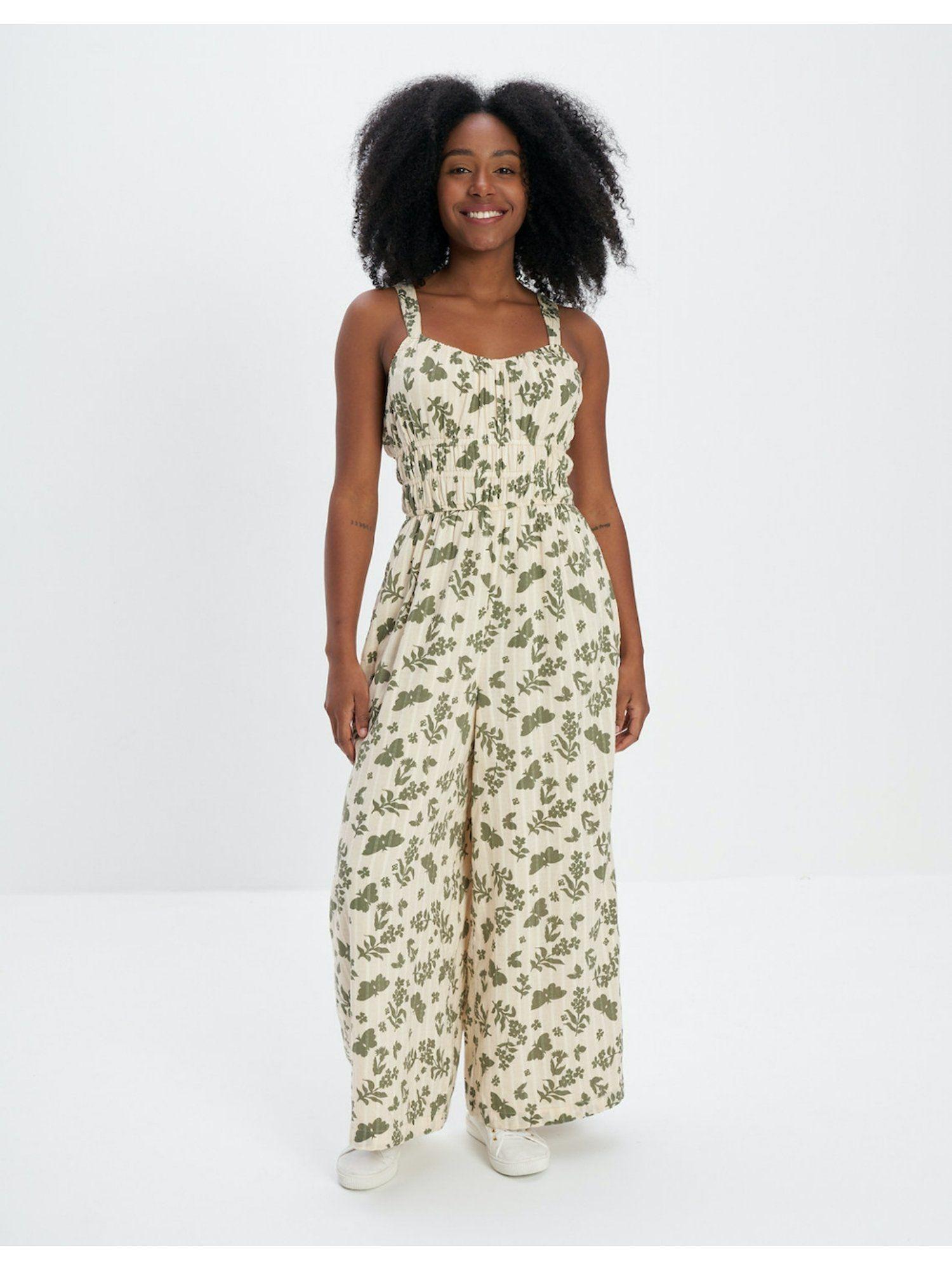 wowomen cream easy cinched-waist printed jumpsuit