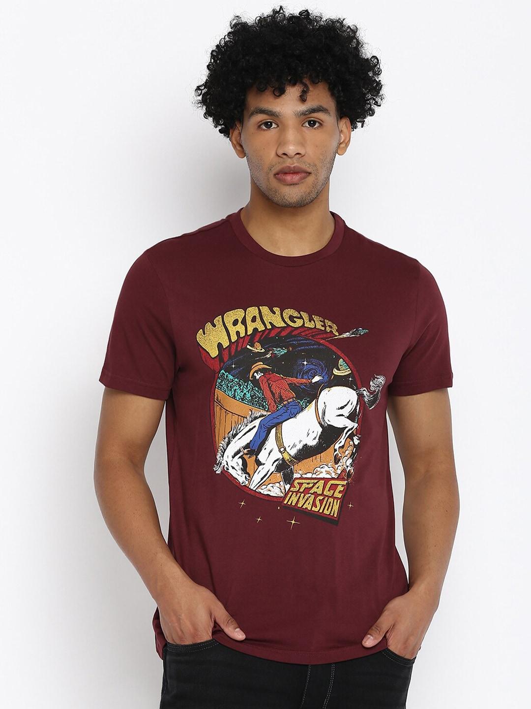 wrangler men burgundy & white printed t-shirt