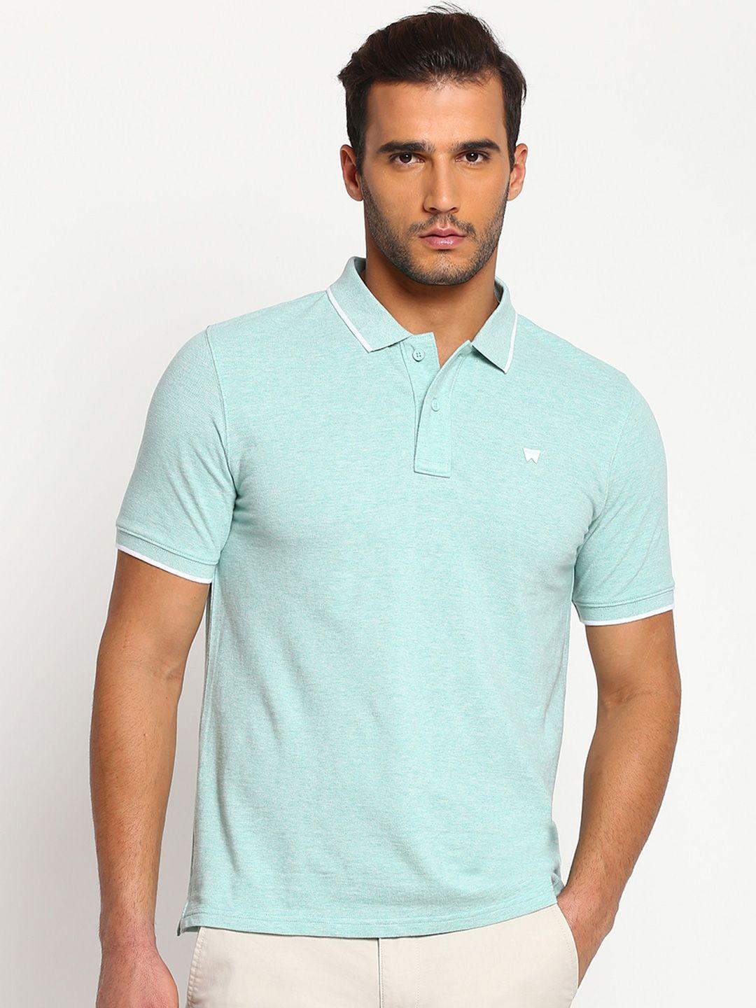 wrangler men green solid regular-fit polo collar t-shirt