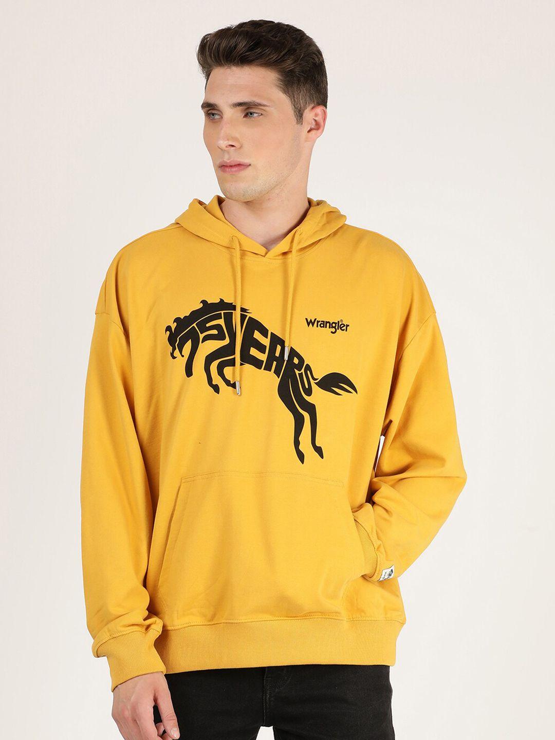 wrangler men mustard yellow printed hooded sweatshirt