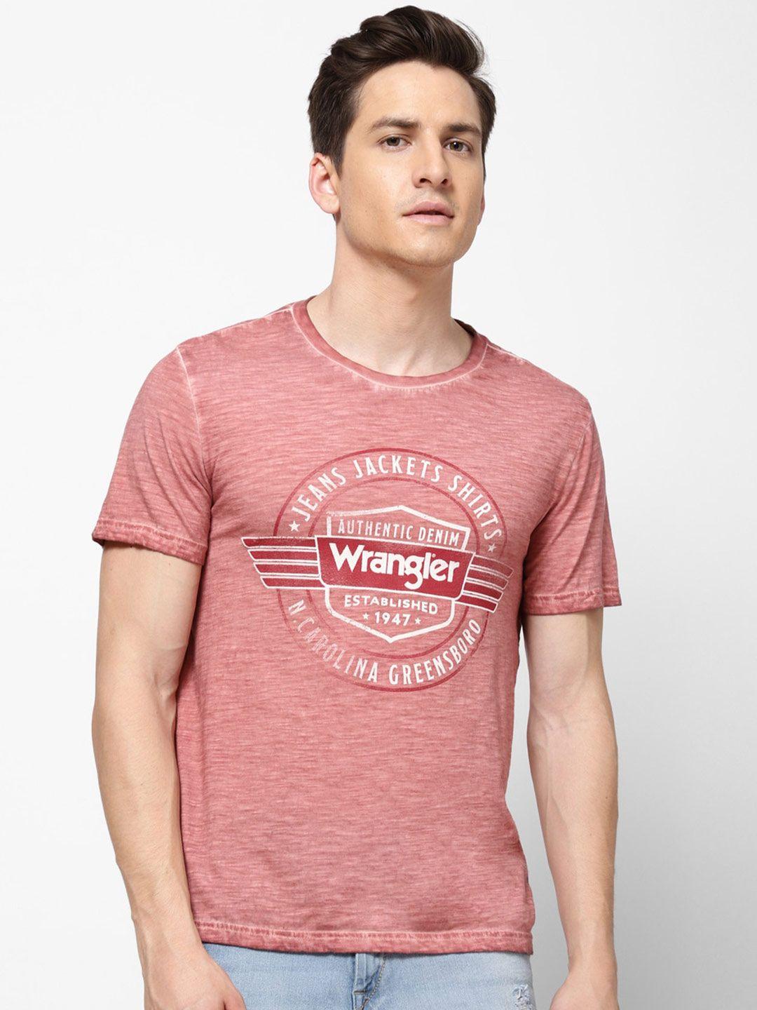 wrangler men peach-coloured & red typography printed t-shirt