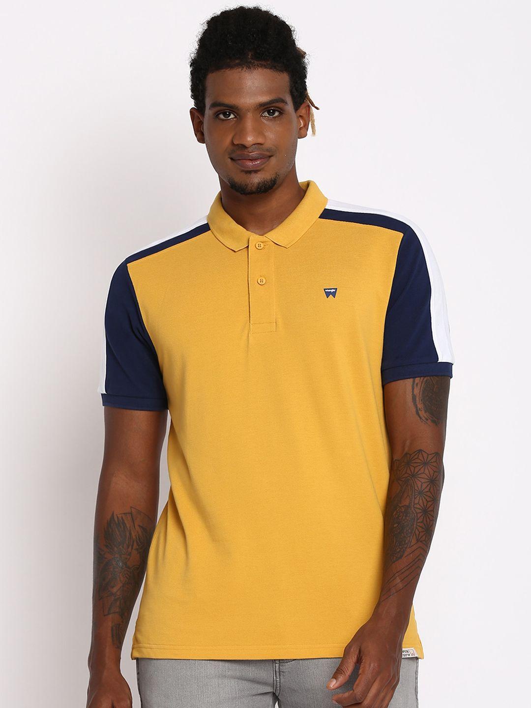 wrangler men yellow colourblocked polo collar applique t-shirt
