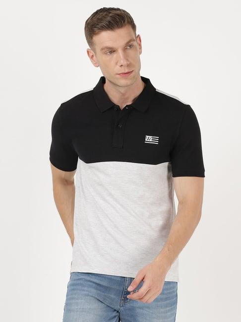 wrangler bleached grey heather & black cotton regular fit colour block polo t-shirt