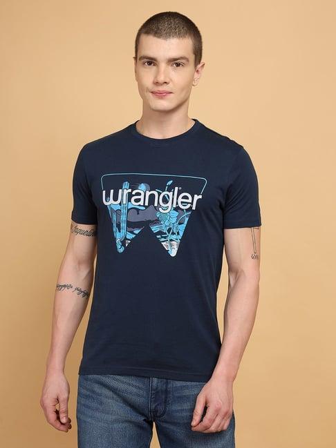 wrangler blue cotton regular fit printed t-shirt