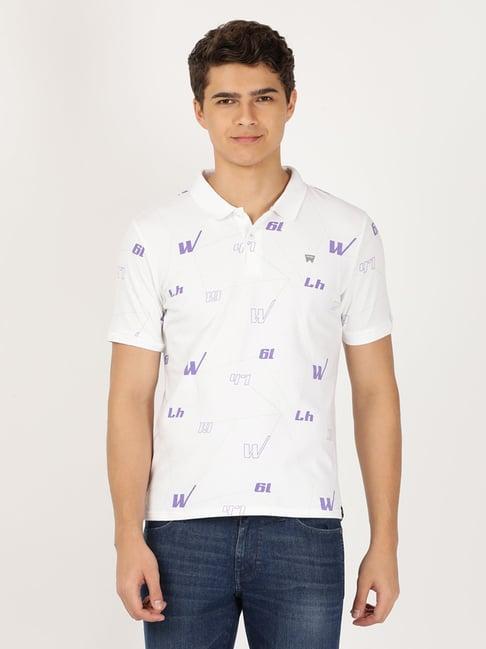 wrangler bright white cotton regular fit printed polo t-shirt