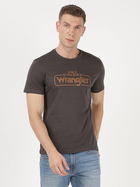 wrangler dark grey cotton regular fit printed t-shirt