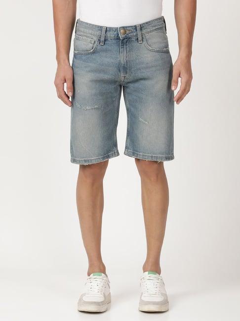 wrangler dusty blue slim fit distressed denim shorts