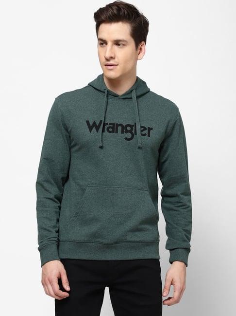 wrangler green regular fit printed hooded sweatshirt