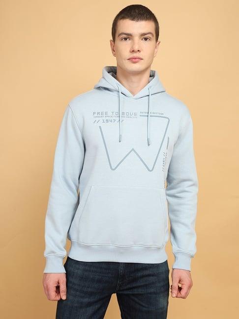wrangler light blue cotton regular fit printed hooded sweatshirt