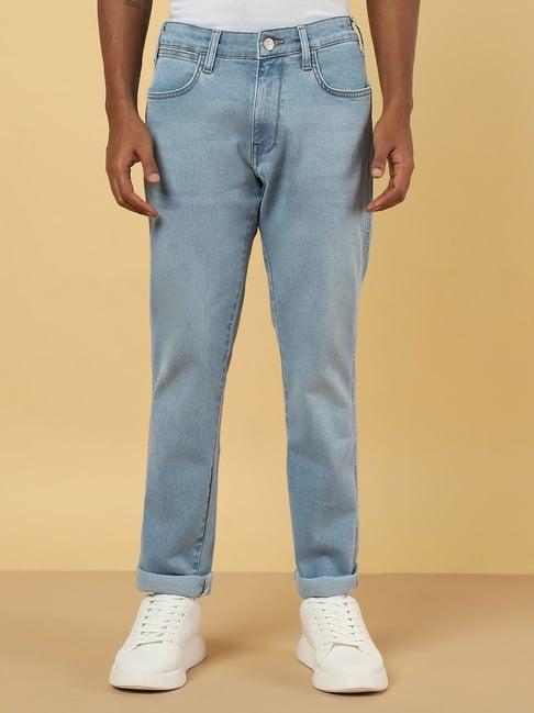 wrangler light blue cotton straight fit jeans