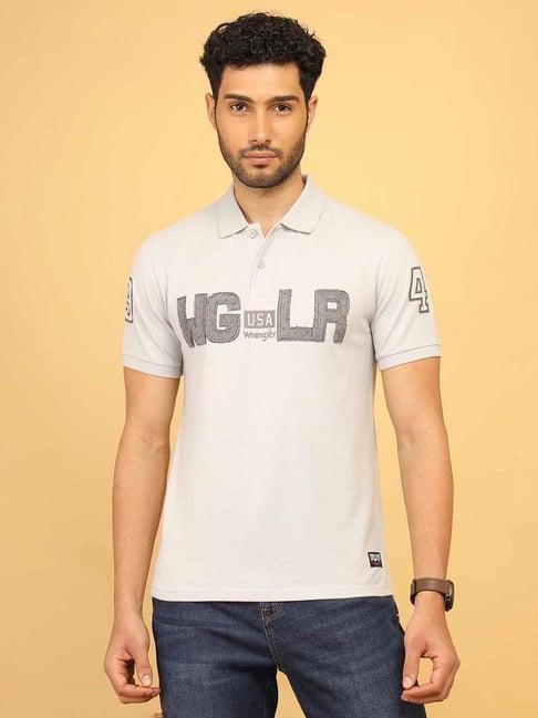 wrangler light grey regular fit embroidered cotton polo t-shirt