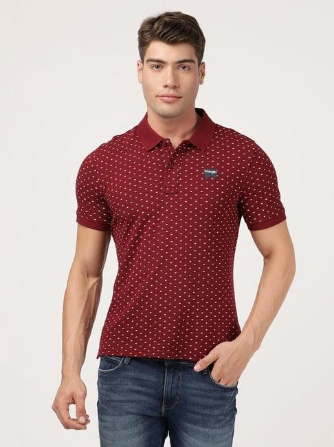 wrangler maroon regular fit printed polo t-shirt