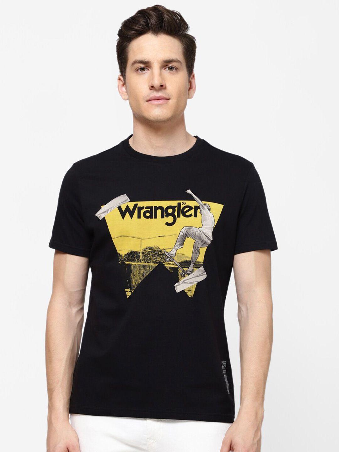 wrangler men black & yellow brand logo printed t-shirt