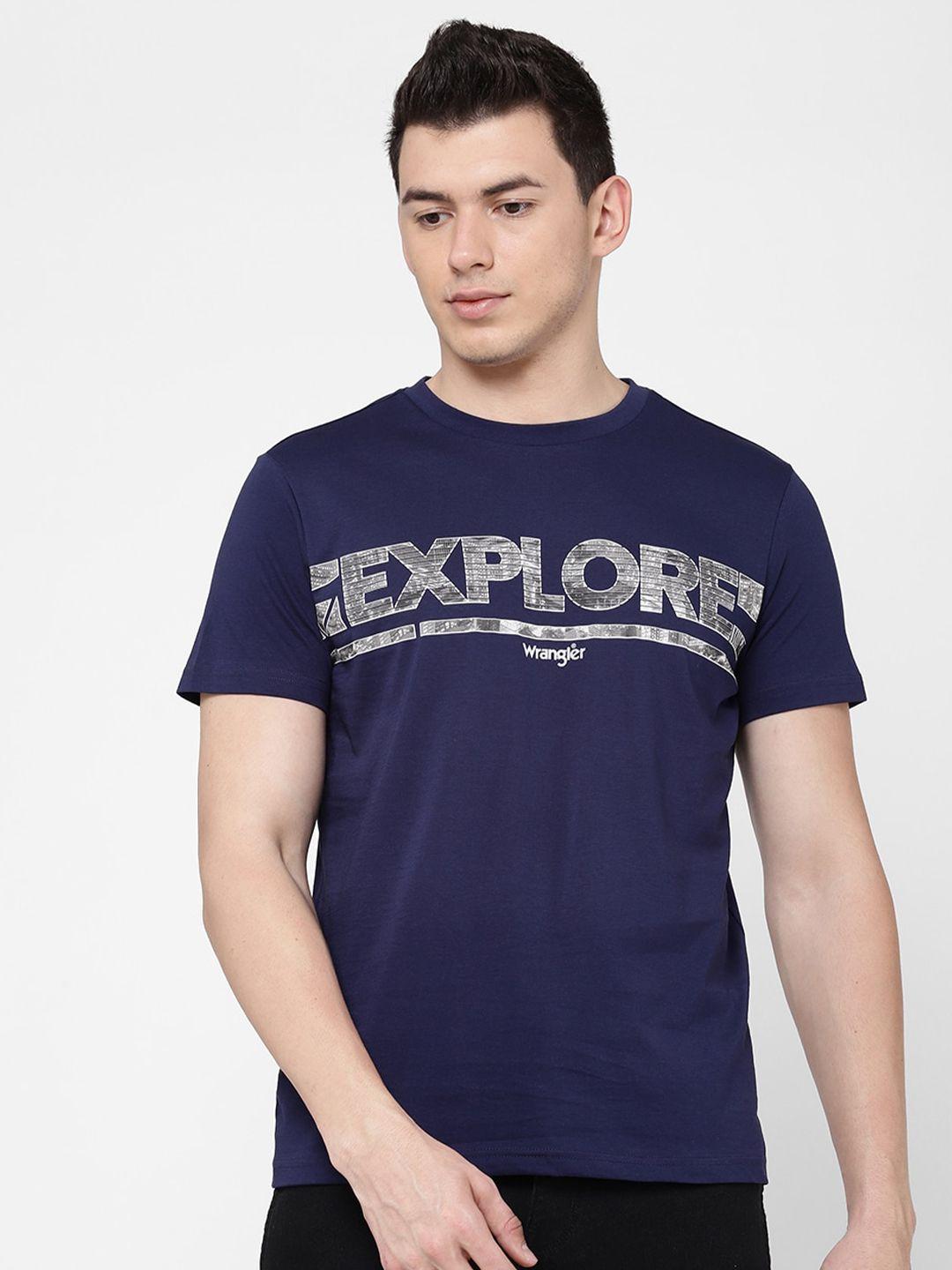 wrangler men blue & beige typography printed cotton t-shirt