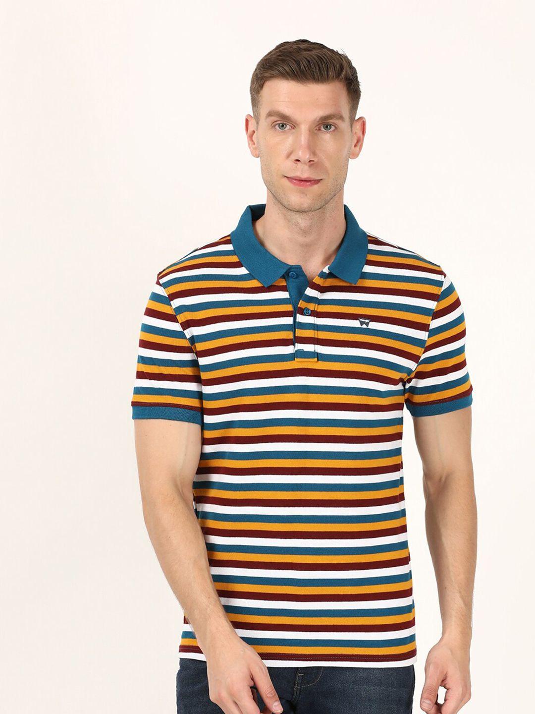 wrangler men blue & yellow striped polo collar cotton t-shirt