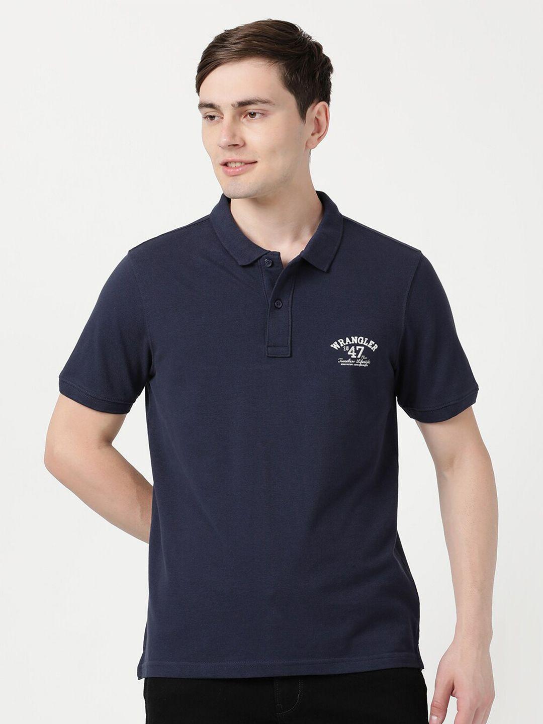 wrangler men blue cotton polo collar t-shirt