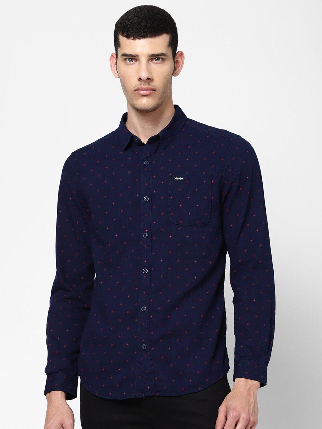 wrangler men blue slim fit printed casual shirt