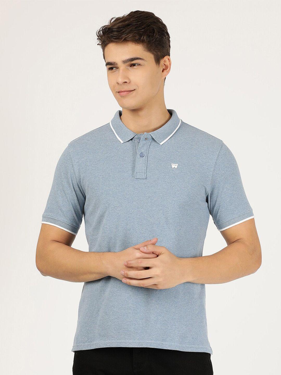 wrangler men blue solid polo collar t-shirt