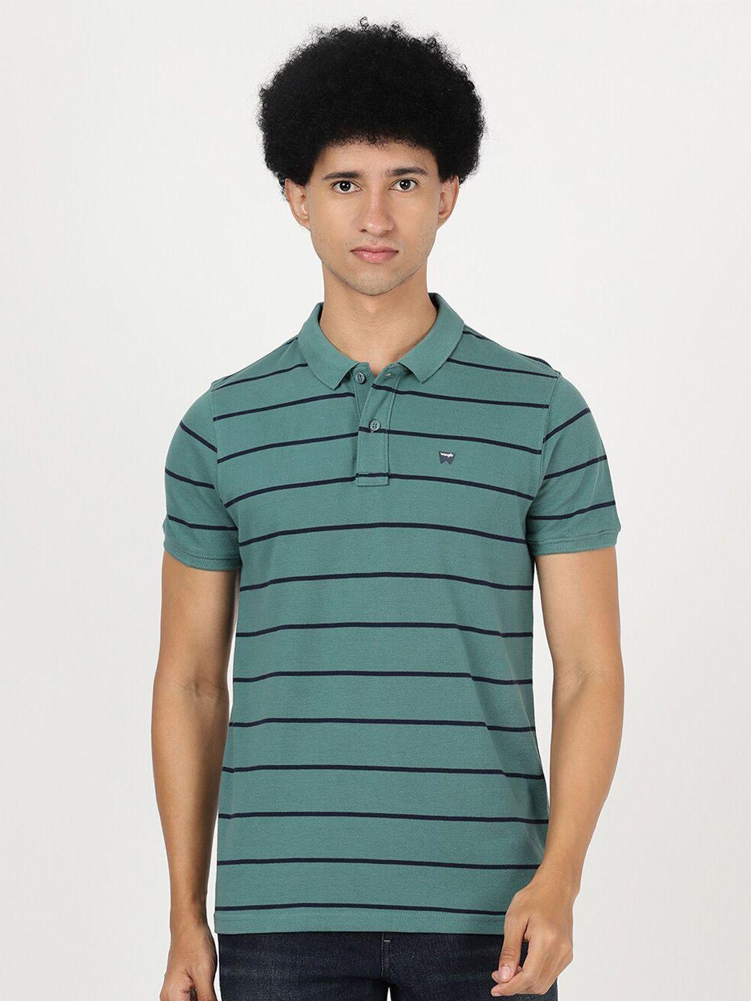 wrangler men green & navy blue striped polo collar cotton t-shirt