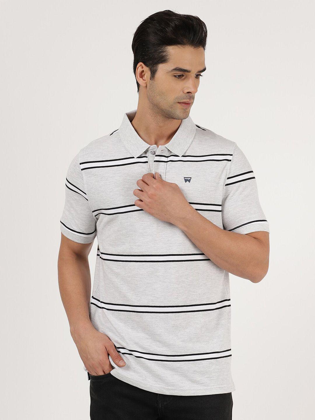 wrangler men grey & black striped polo collar cotton t-shirt