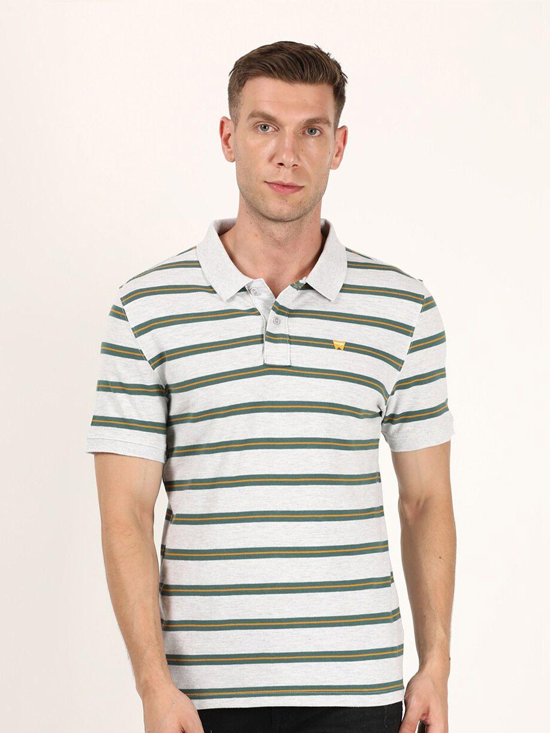 wrangler men grey & green striped polo collar cotton t-shirt