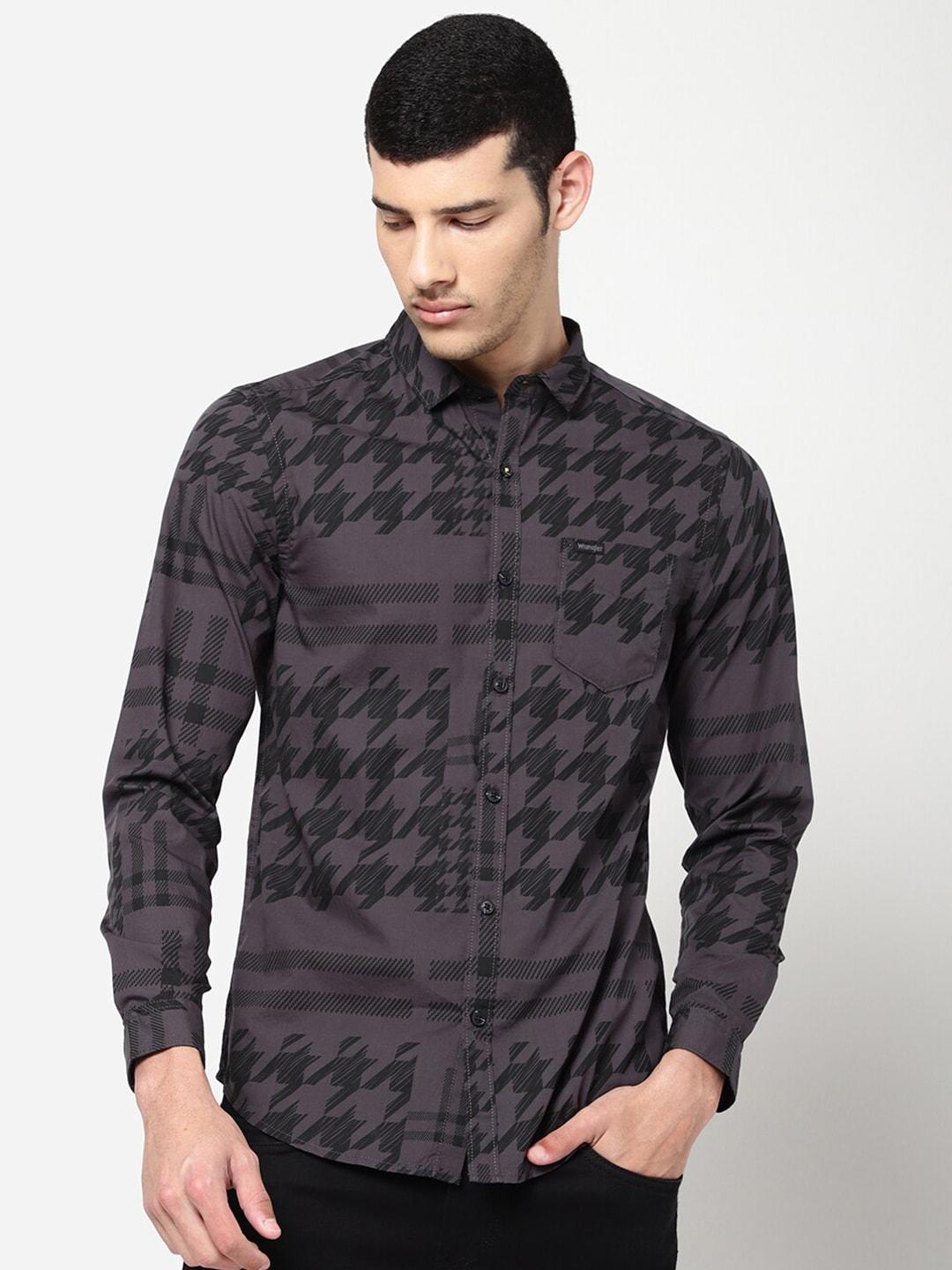wrangler men grey slim fit printed casual shirt
