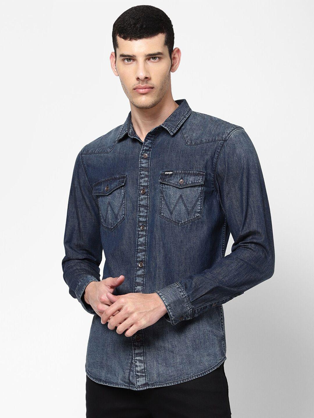 wrangler men navy blue faded casual denim shirt