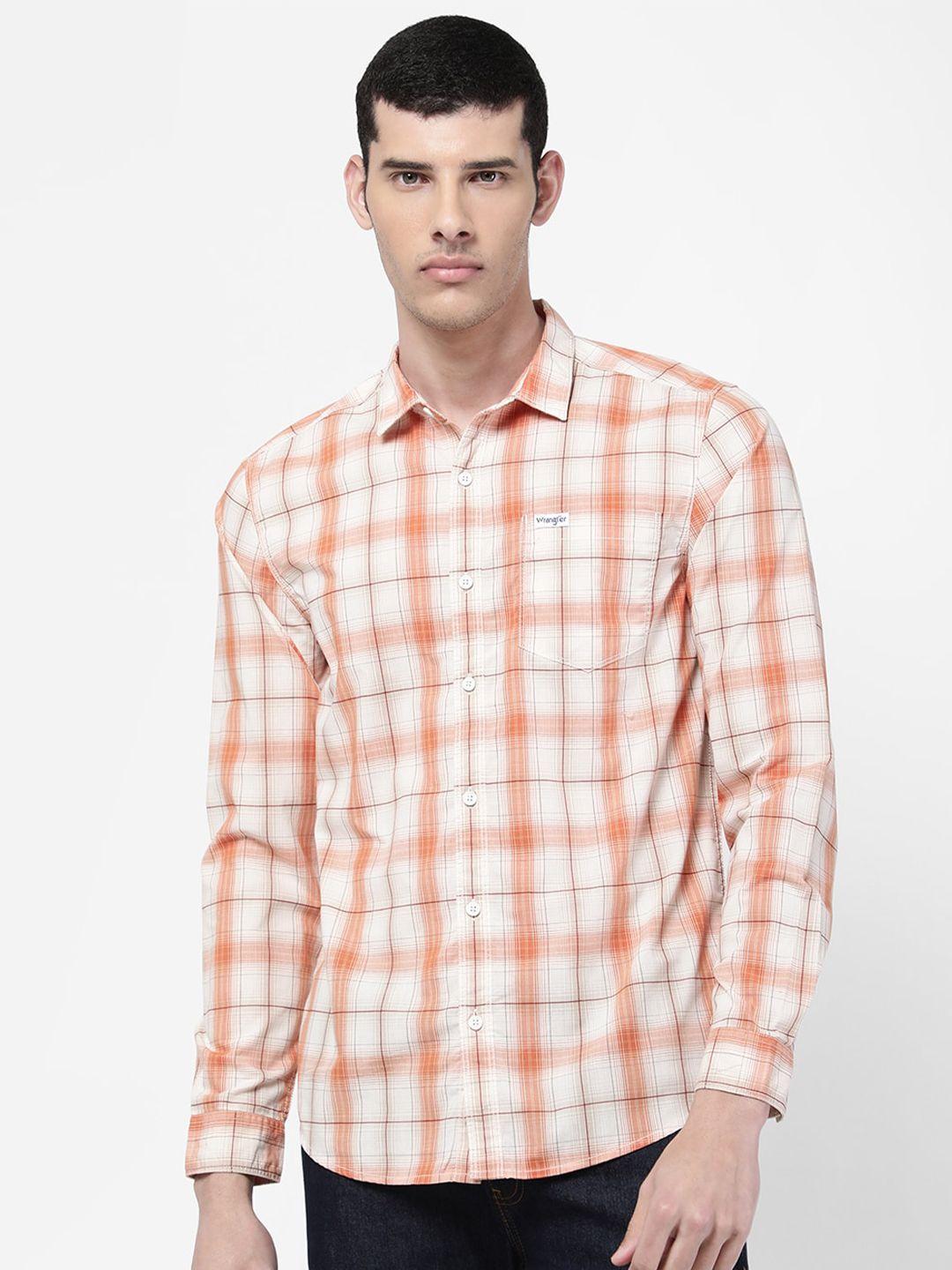 wrangler men orange slim fit checked casual shirt