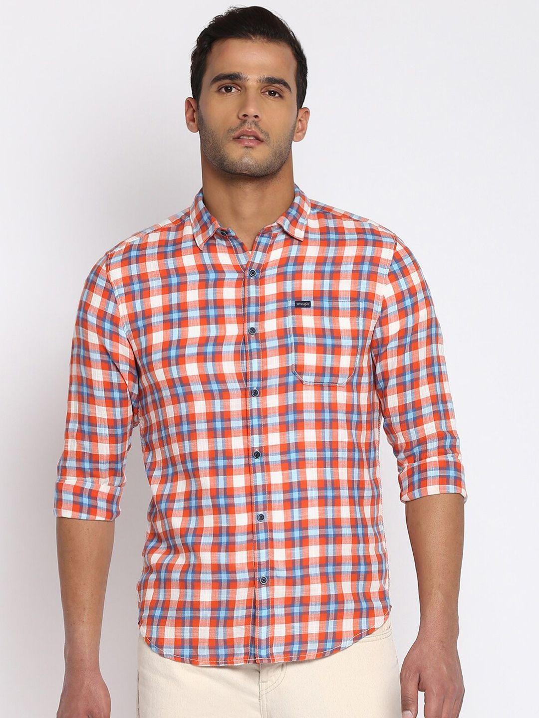 wrangler men orange tartan checks opaque checked casual shirt