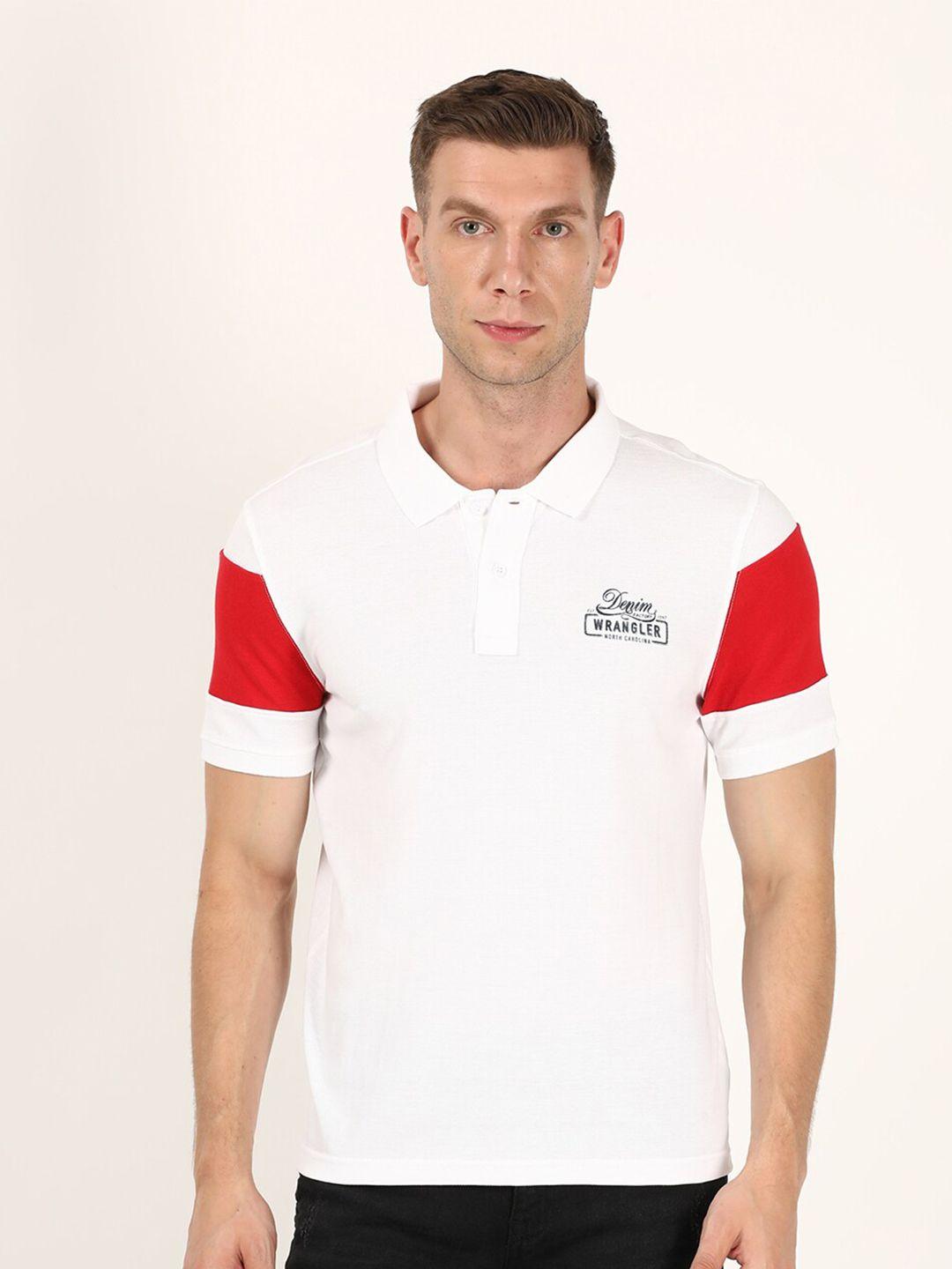 wrangler men white & red polo collar cotton t-shirt
