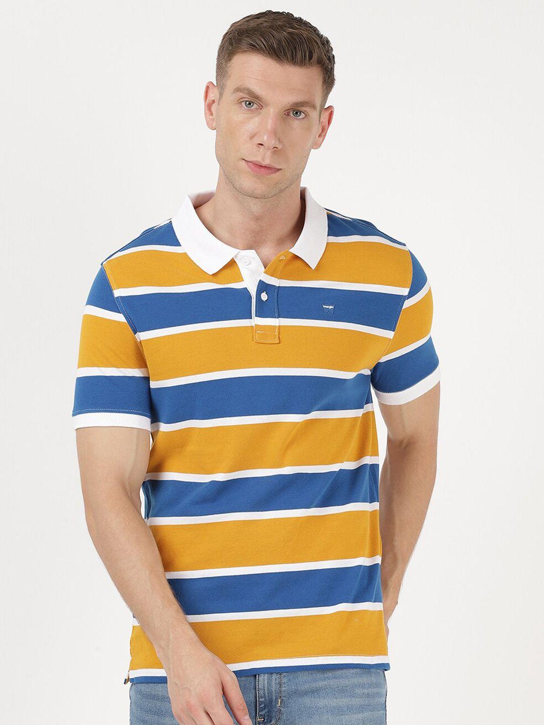 wrangler men yellow & blue striped polo collar cotton t-shirt
