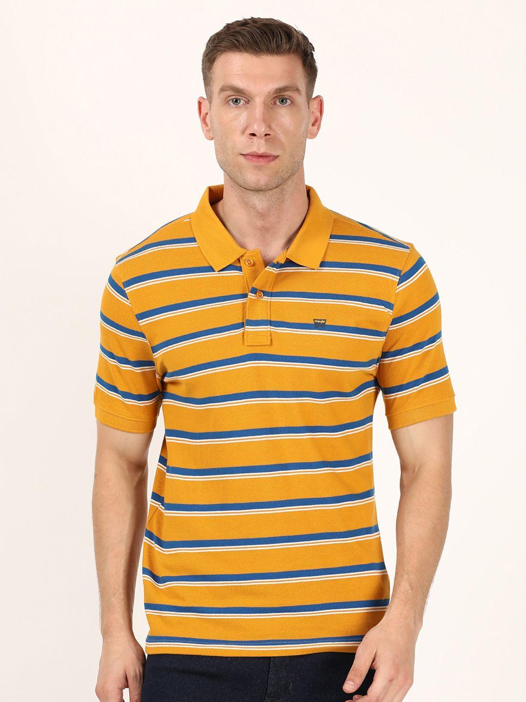 wrangler men yellow & blue striped polo collar t-shirt