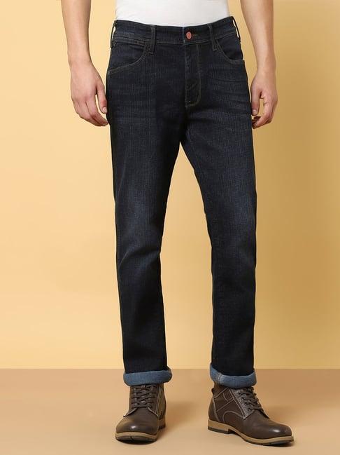 wrangler millard navy straight fit lightly washed jeans