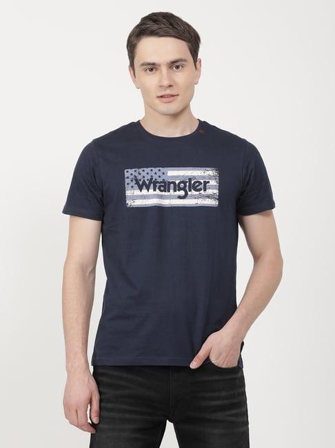 wrangler navy cotton regular fit printed t-shirt