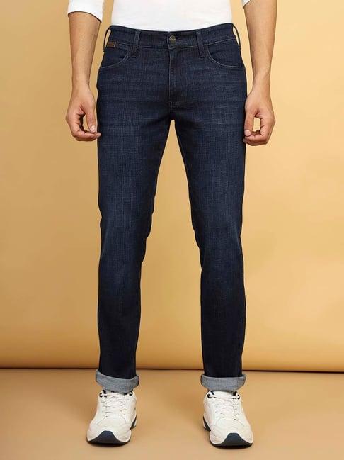 wrangler navy regular fit lightly washed jeans